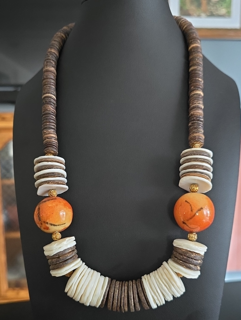 Handcrafted Orange and Ivory Bead Statement Necklace